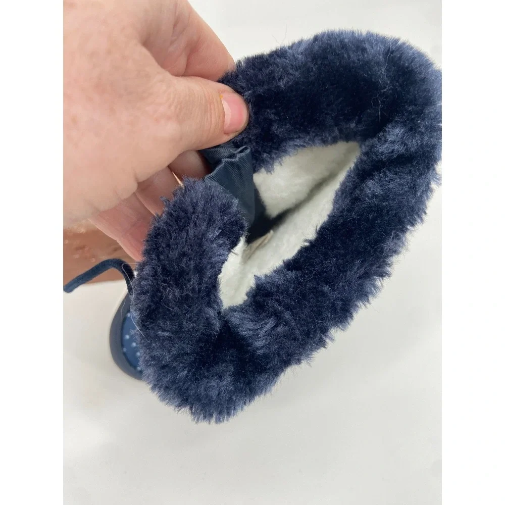 Apakowa Kids Navy Blue Snowflake Winter Snow Boots Faux Fur Lined Waterproof Lug